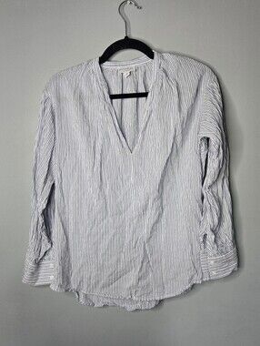 Blue & White Stripe V-Neck Popover Blouse XS Cotton Blend Light Weight Beachy